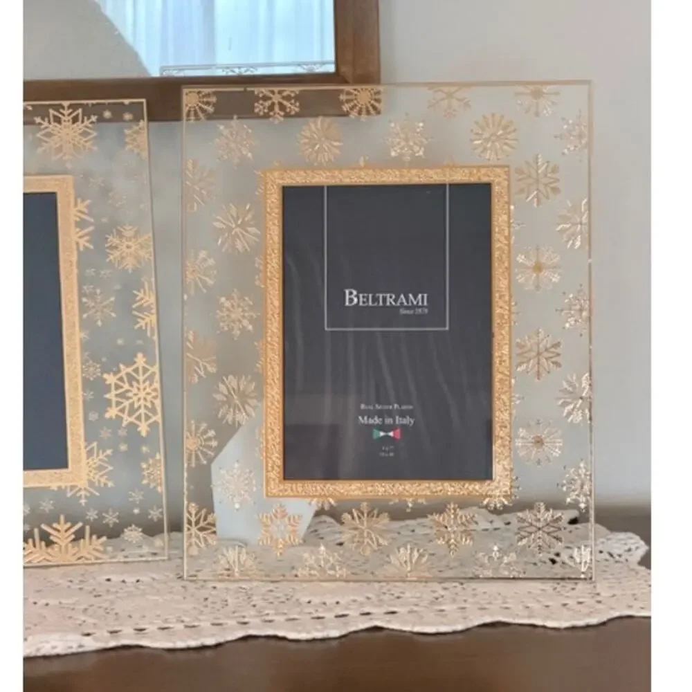 Beltrami Italy Real Silver Plated Gold Snowflake Glass Frames 5x7 Set 9.5x11.25